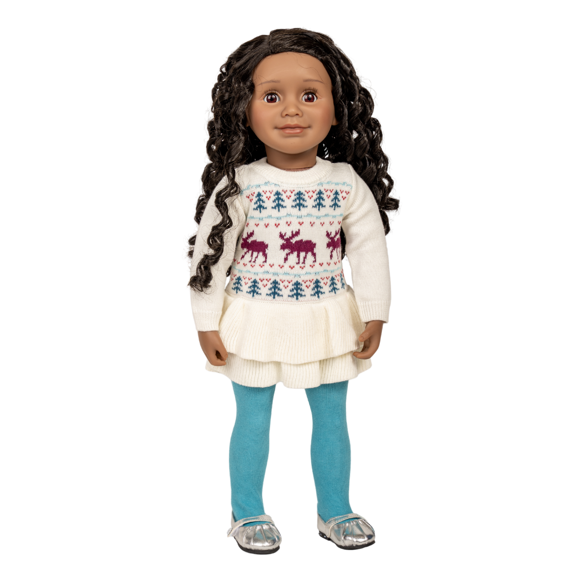18-inch doll wearing knitted moose pattern sweater dress and blue tights with silver shoes.