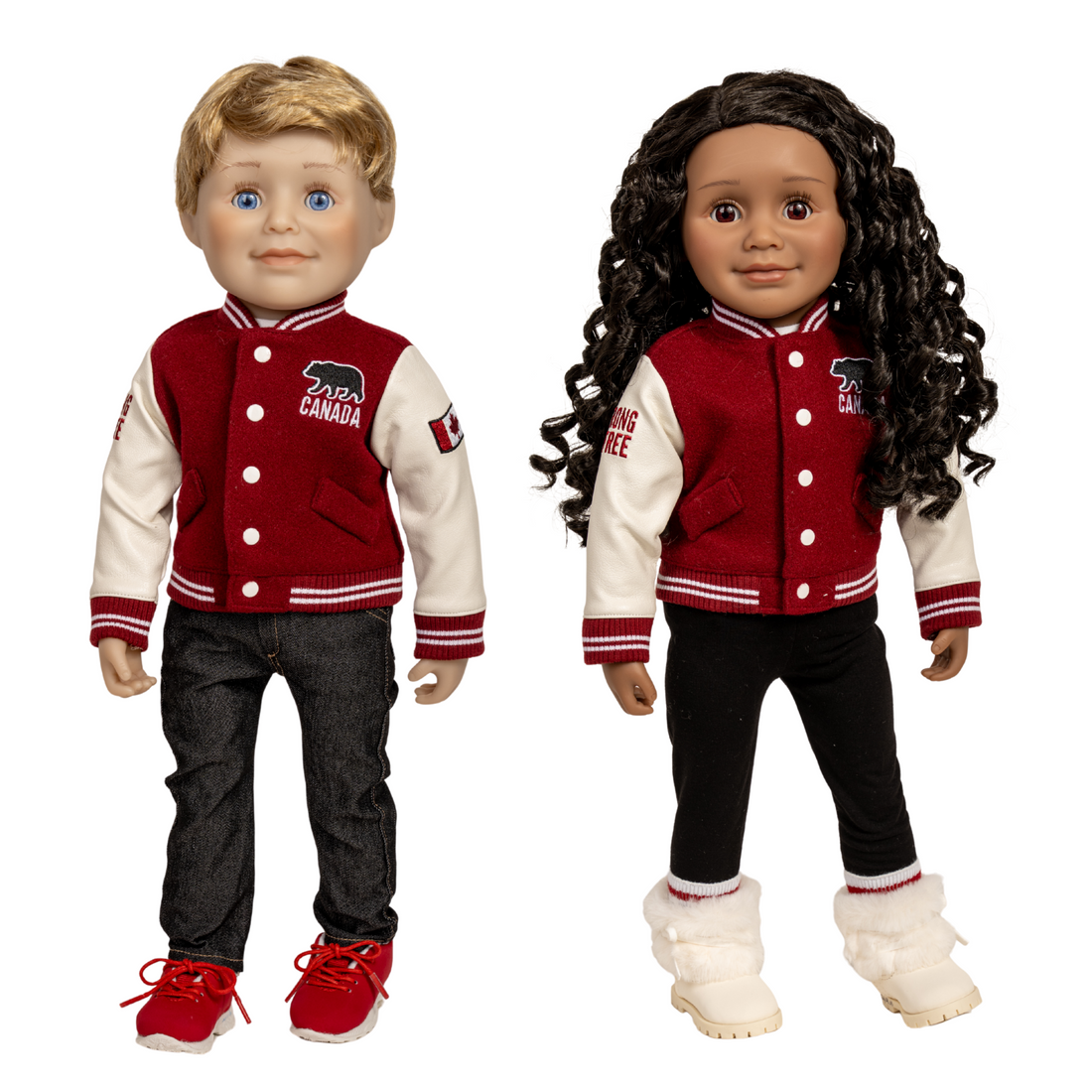 Two 18-dolls wearing matching red and white Canadian bear varsity jackets.