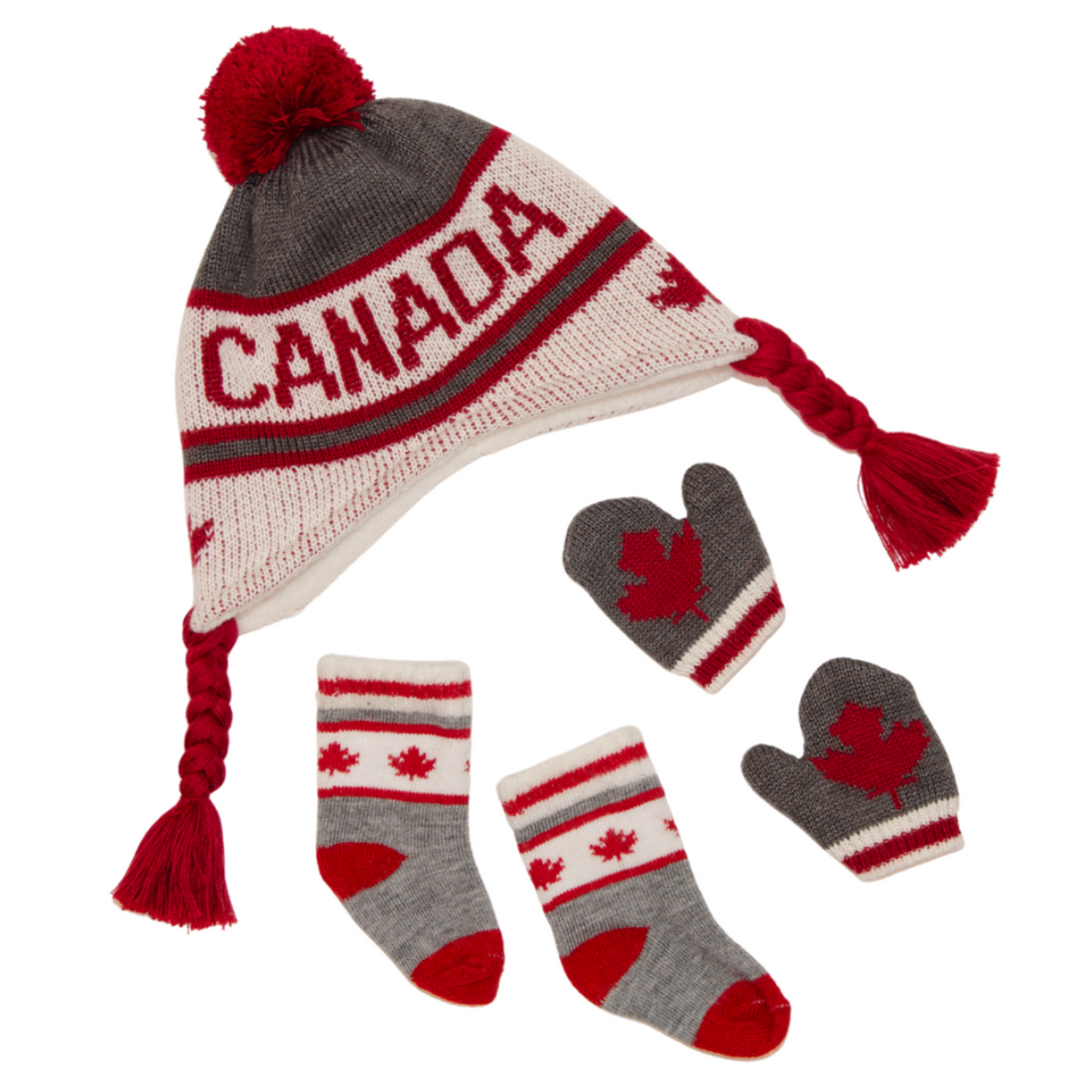 Canadian-themed winter 18-inch doll accessories including a hat, mittens, and socks with maple leaf designs.
