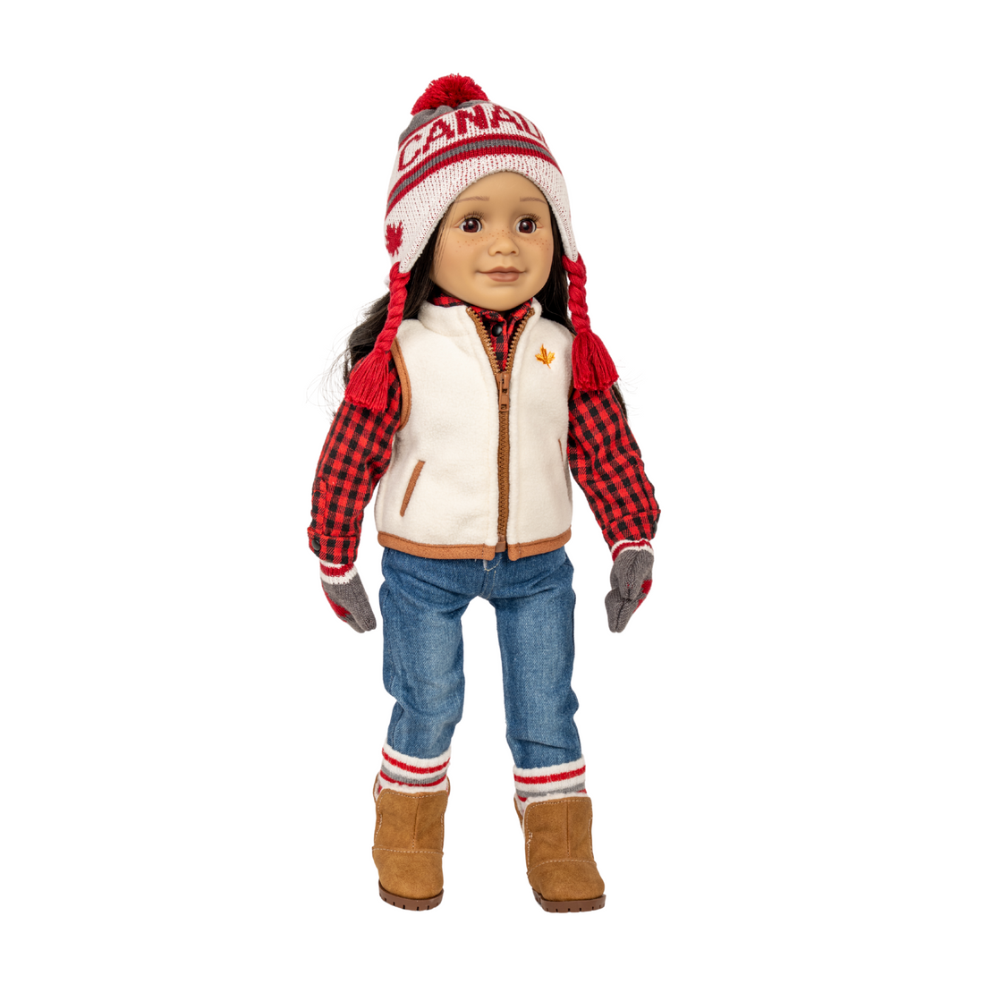 Canadian-themed winter 18-inch doll accessories including a hat, mittens, and socks with maple leaf designs.