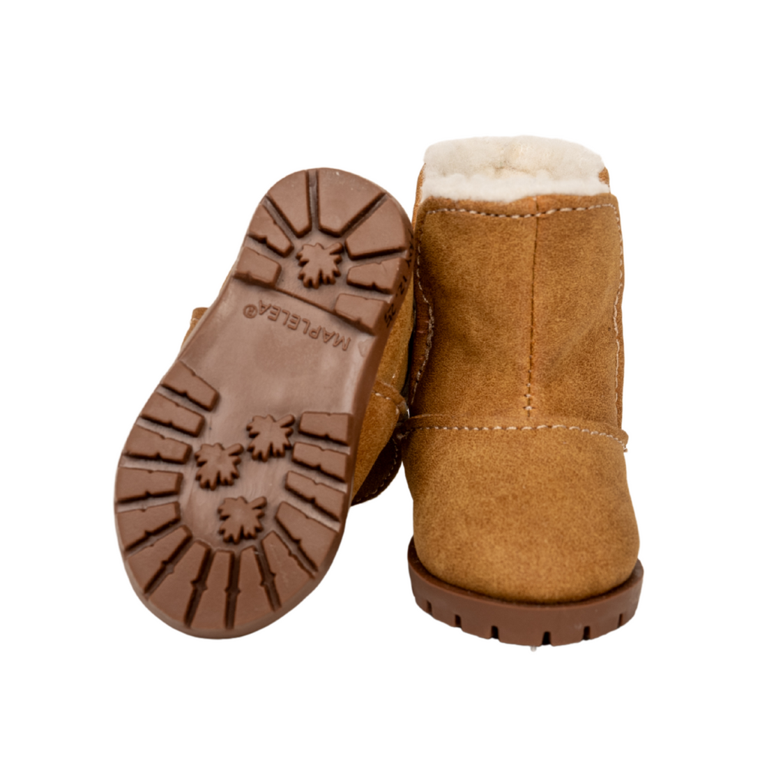 Pair of brown 18-inch doll boots with white fur lining.