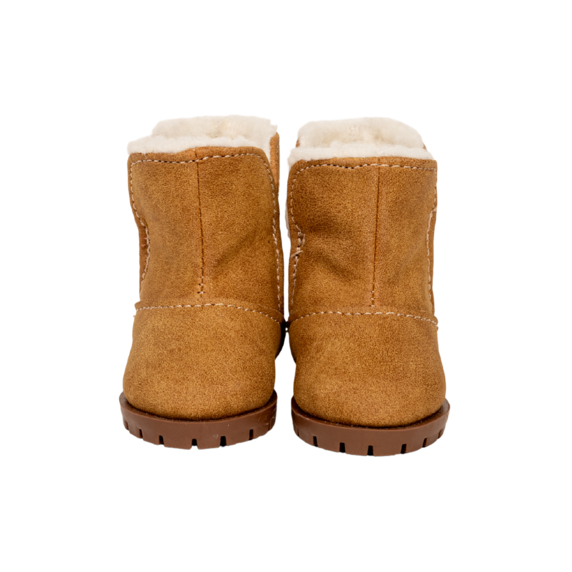Pair of brown 18-inch doll boots with white fur lining.