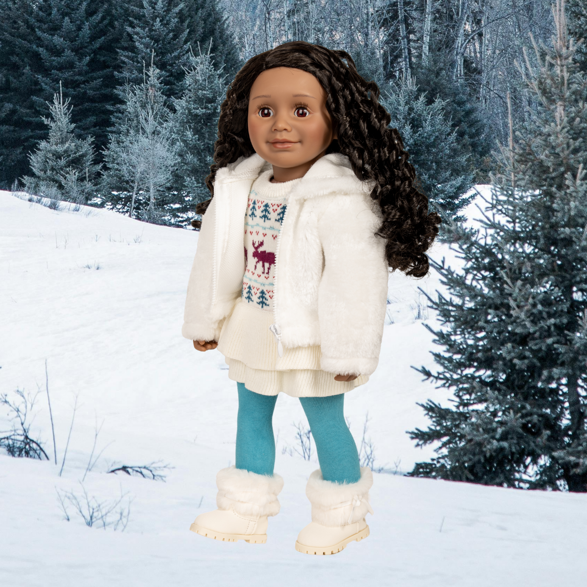 18-inch doll in winter clothing and white boots standing in a snowy landscape with trees.