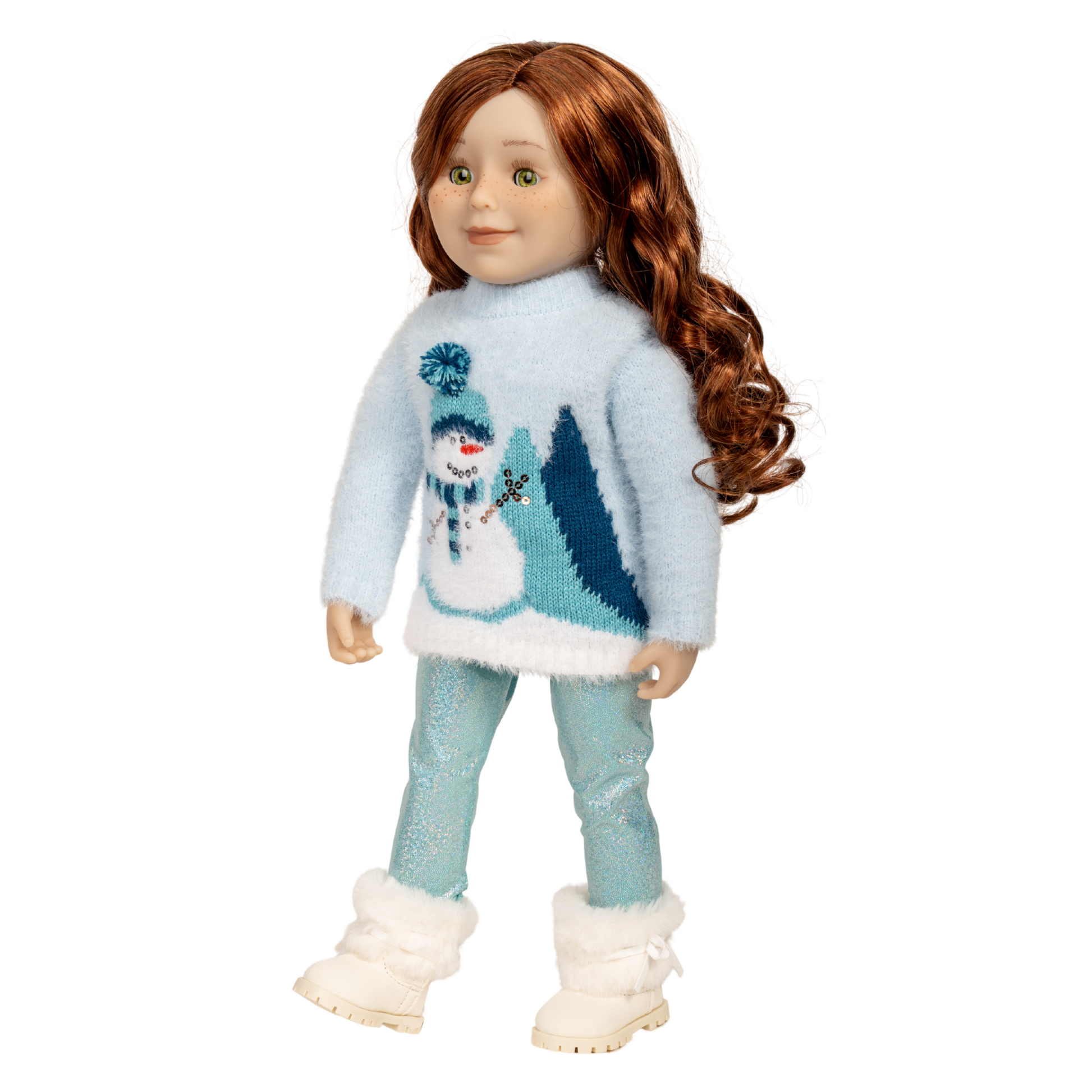 18-inch doll wearing a blue sweater with a snowman design and white fluffy boots.
