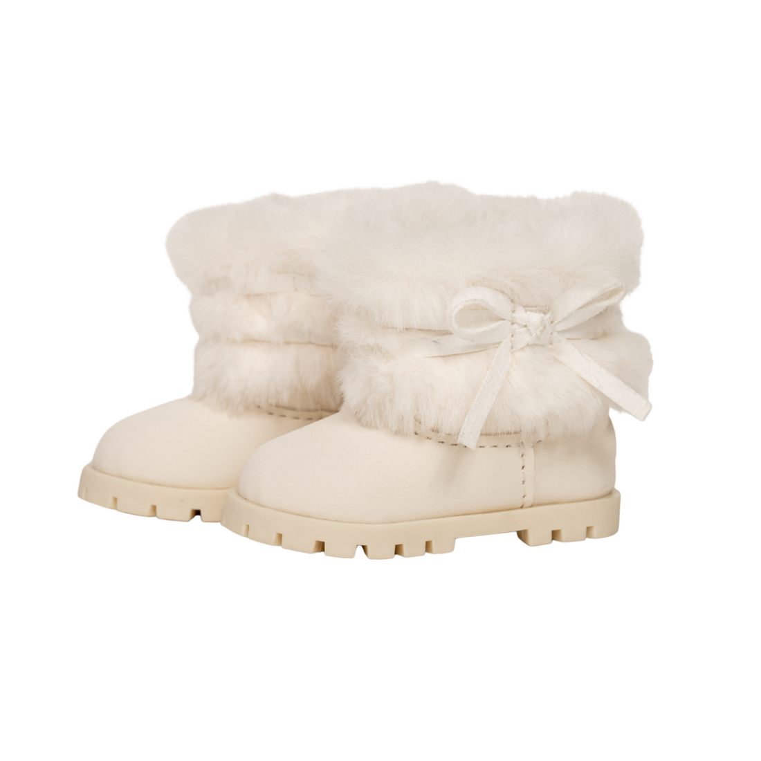 Cream furry boots with a bow for 18-inch dolls.