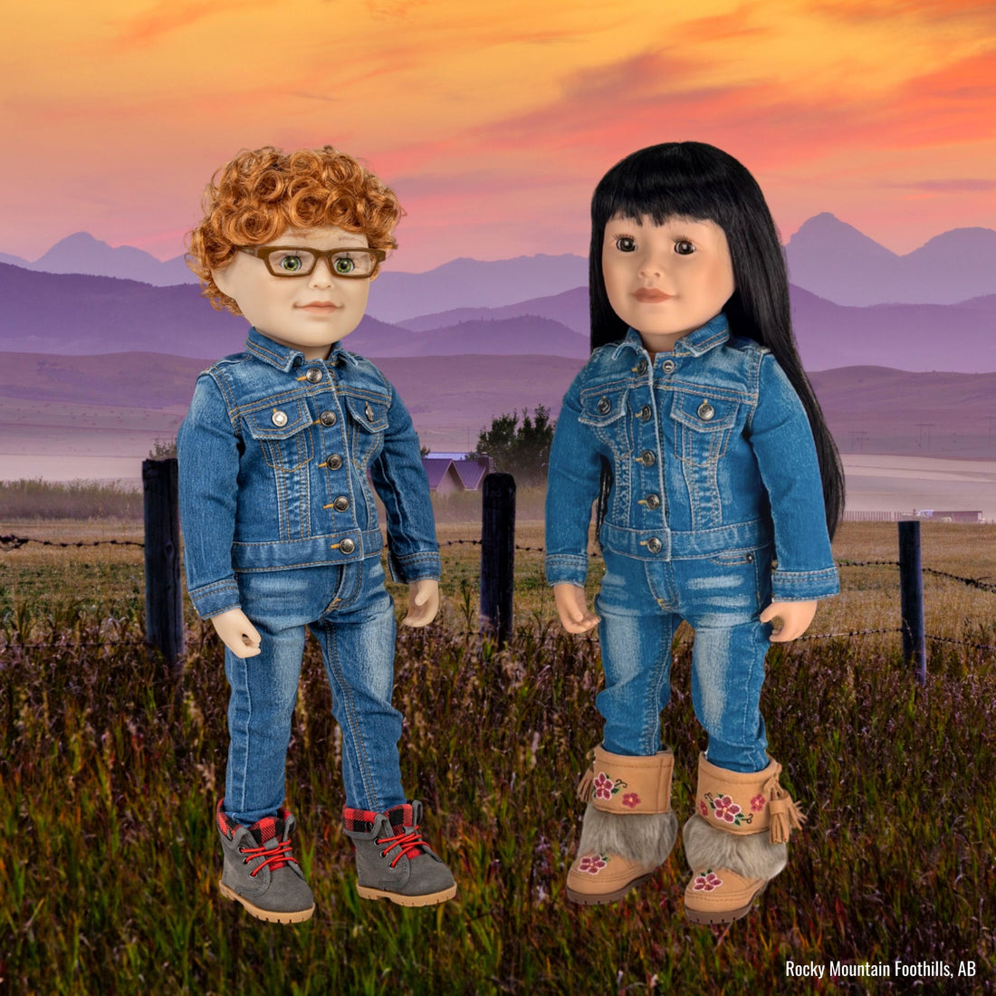 Two 18-dolls wearing matching denim Canadian tuxedo outfits.