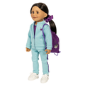 A doll with dark hair in a ponytail wearing a light blue tracksuit with purple side stripes, a purple scrunchie, and a purple drawstring backpack, shown against a plain white background.