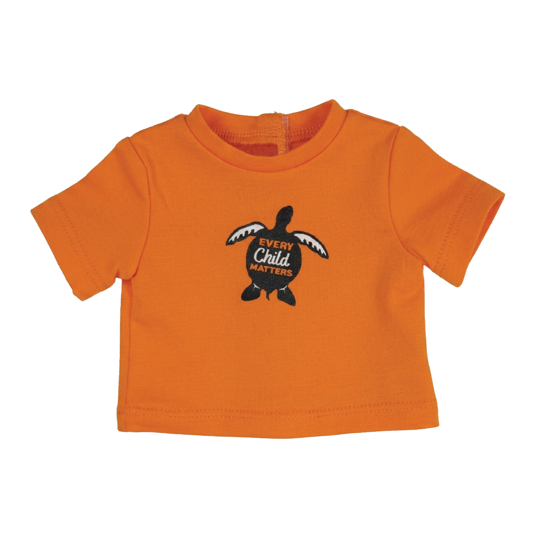 A 18" doll with long dark hair wearing an orange t-shirt with a turtle graphic, blue jeans, and white sneakers, shown against a plain white background. Maplelea