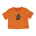 An orange short-sleeve baby t-shirt with a black turtle graphic on the chest that reads 'EVERY Child MATTERS'. Maplelea 18