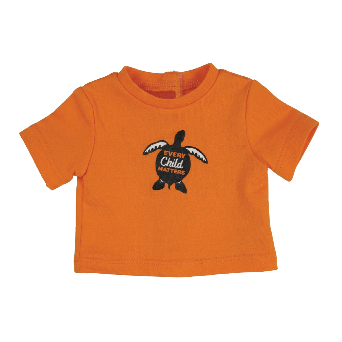 An orange short-sleeve baby t-shirt with a black turtle graphic on the chest that reads 'EVERY Child MATTERS'. Maplelea 18" doll t-shirt