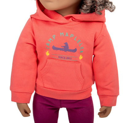 Coral graphic hoodie for 18" dolls like Maplelea camping theme with canoe