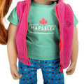 Green graphic t-shirt with camping theme on Maplelea doll and fits 18