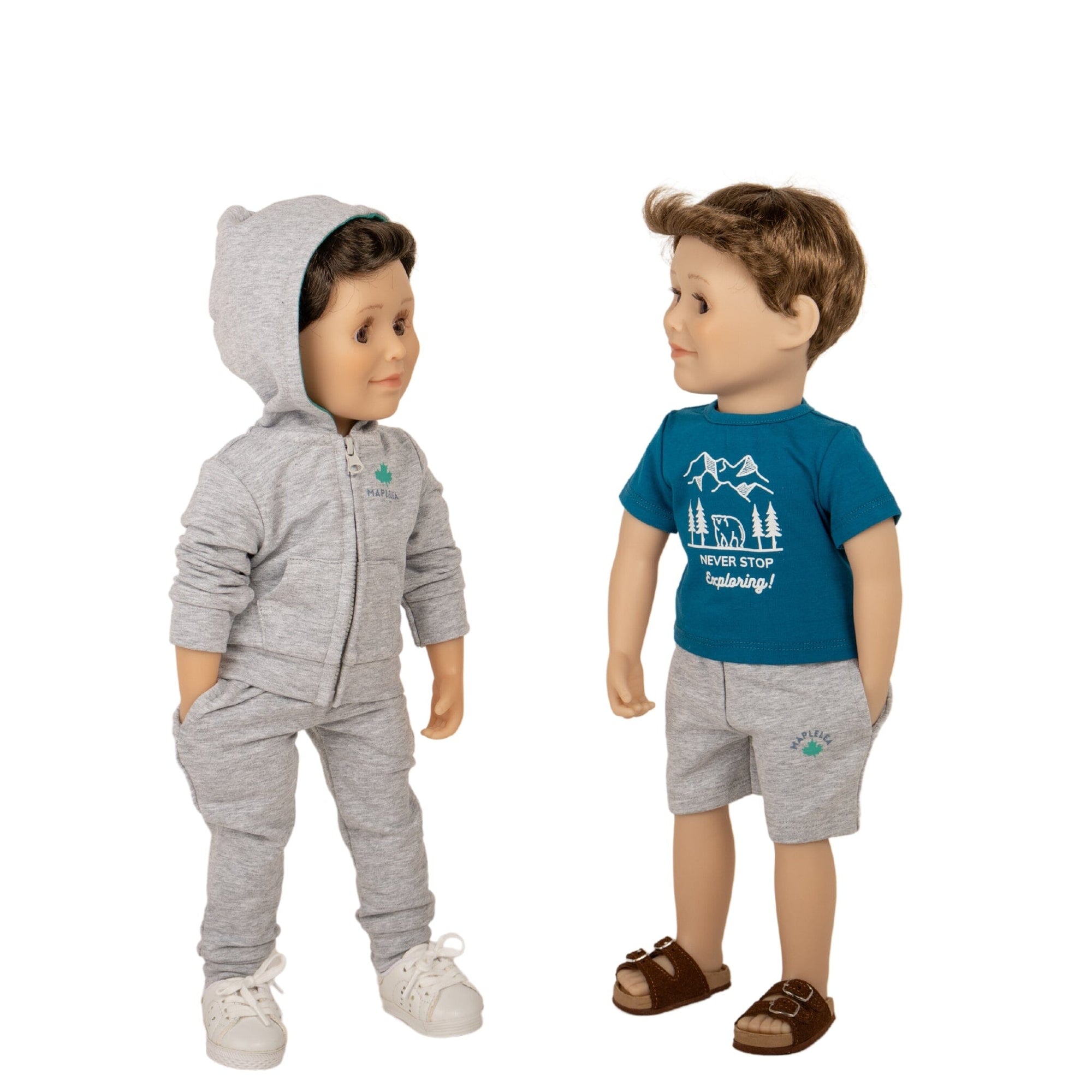 18" boy dolls in camping hoodie sweatpants and runners and graphic t-shirt and shorts with sandals