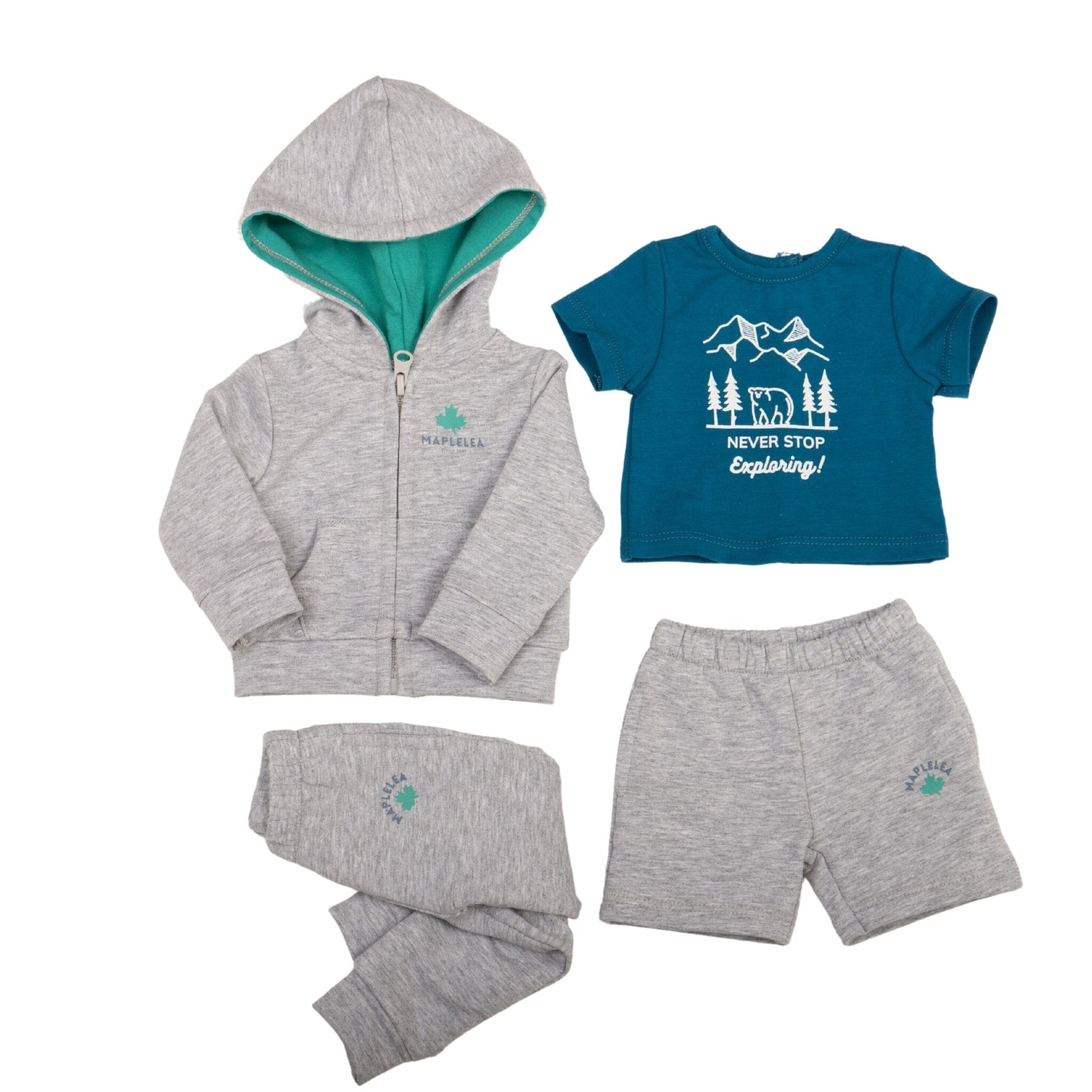 Outfit for 18" dolls with teal graphic t-shirt shorts sweatpants hoodie with matching lined hood 