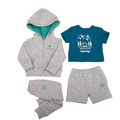 Outfit for 18" dolls with teal graphic t-shirt shorts sweatpants hoodie with matching lined hood