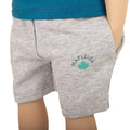 Boy doll wearing Maplelea grey sweatshirt camping shorts for 18