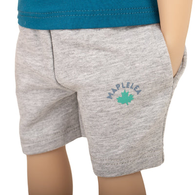 Boy doll wearing Maplelea grey sweatshirt camping shorts for 18" dolls