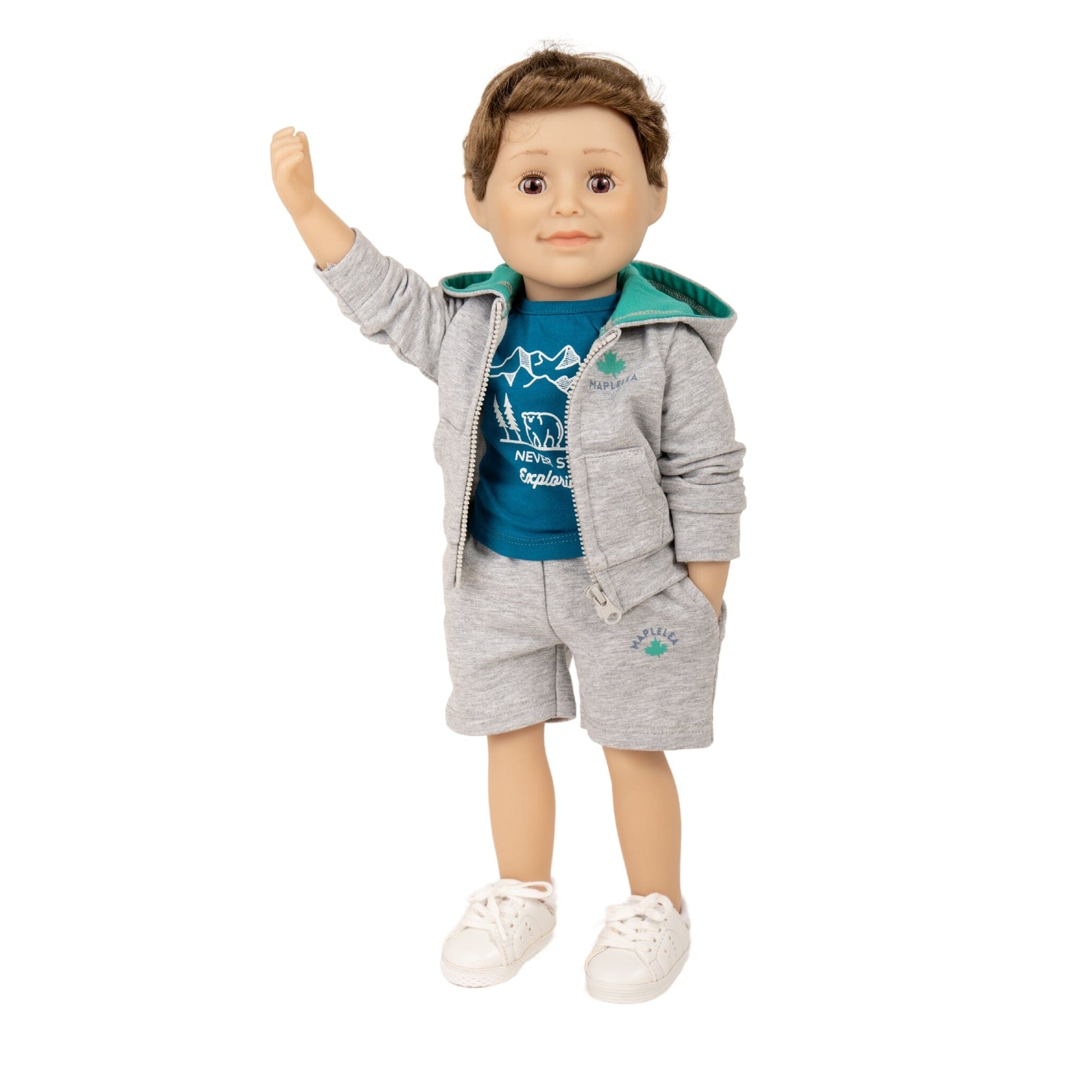 18" boy doll in t-shirt and shorts and white runners with hoodie that matches teal t-shirt 