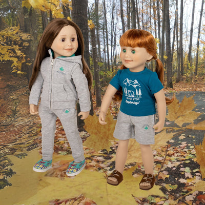 18" dolls wearing camping attire with hoodie sweatpants runners graphic t-shirt shorts and sandals