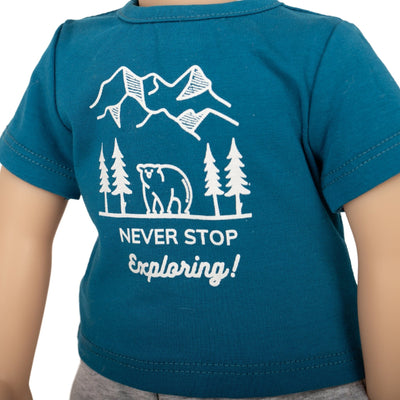 Teal graphic t-shirt with mountain and bear design to explore more for 18" dolls like Maplelea