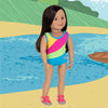 Maplelea doll wearing yellow green pink and blue multicolour swimsuit and pink watershoes.