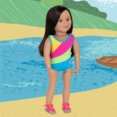 Maplelea doll wearing yellow green pink and blue multicolour swimsuit and pink watershoes.