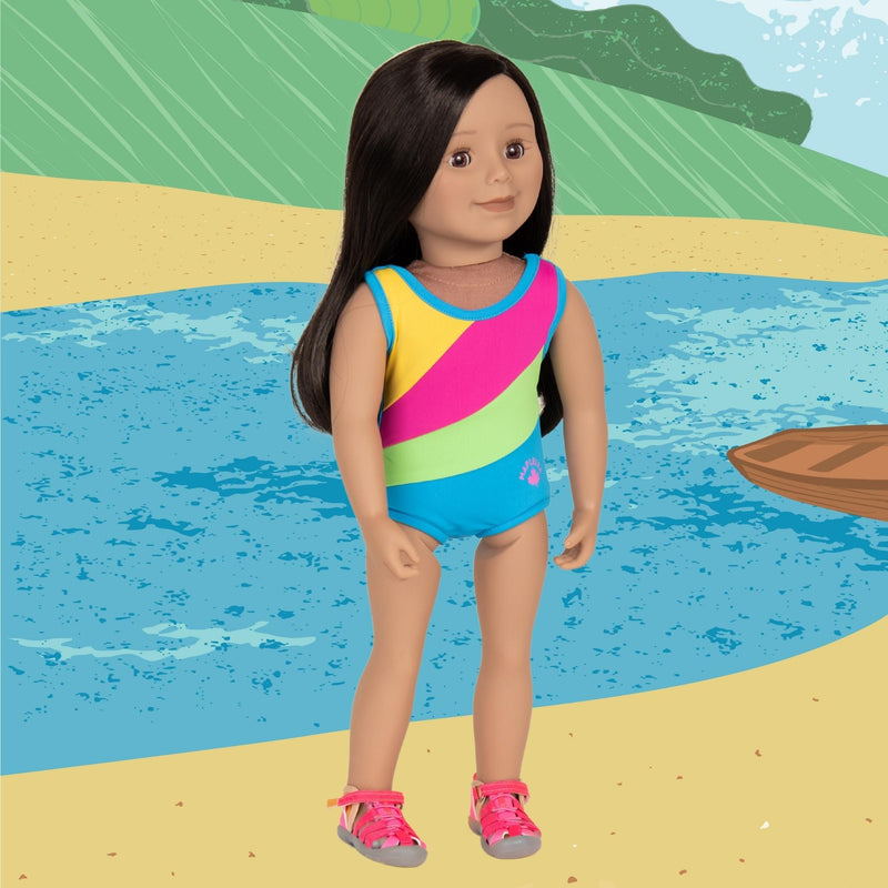  Cute dark hair dark complexion Maplelea doll wearing multicolour one piece swimsuit and watershoes.