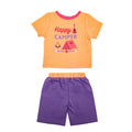 Cute Maplelea summer happy camper short pajamas with peach graphic top and purple shorts 