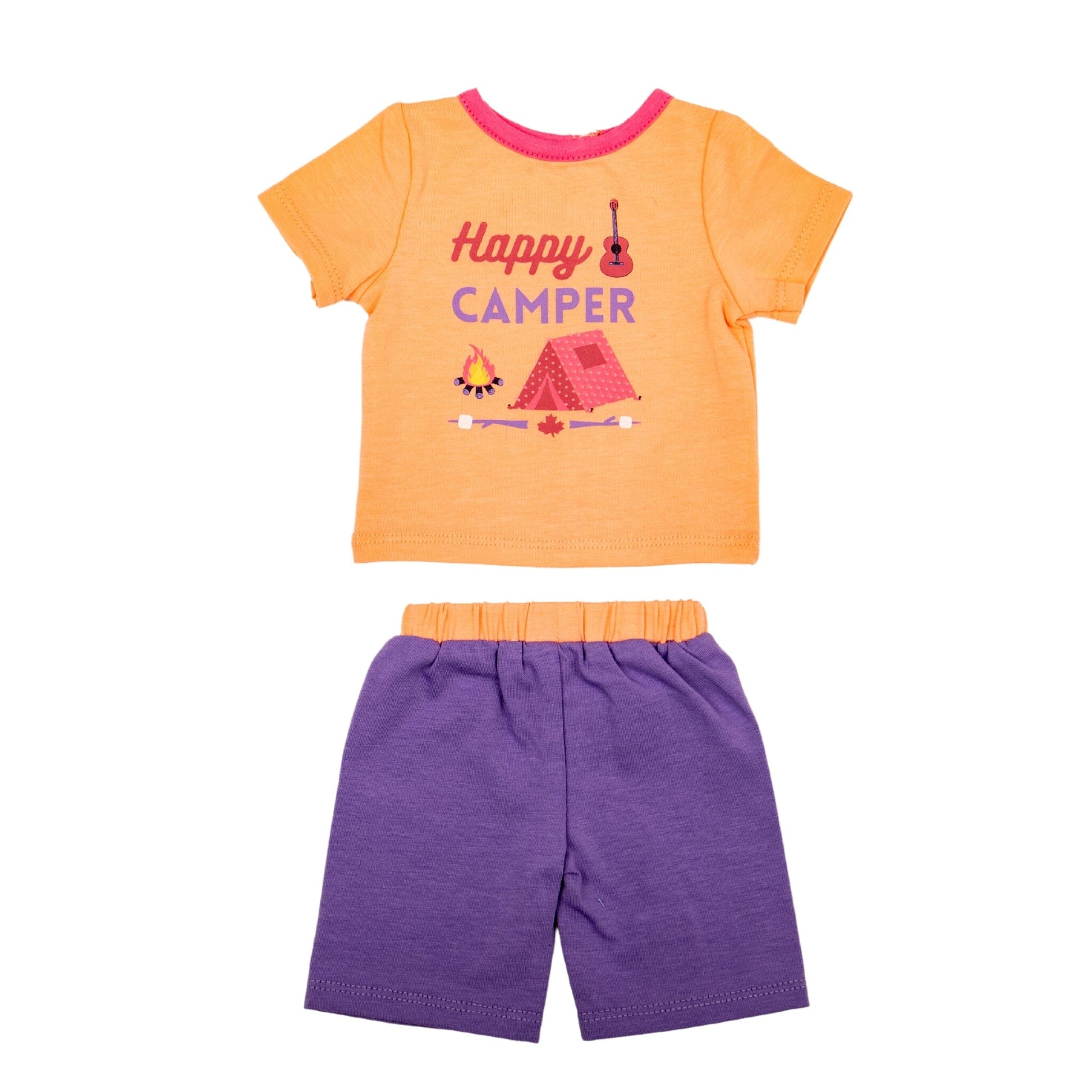 Cute Maplelea summer happy camper short pajamas with peach graphic top and purple shorts 