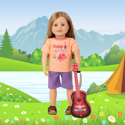 Leonie holding red guitar in cute summer happy camper short pajamas with brown sandals