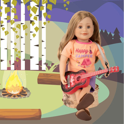 Cute 18" doll playing guitar wearing happy camper short summer pajamas with brown sandals
