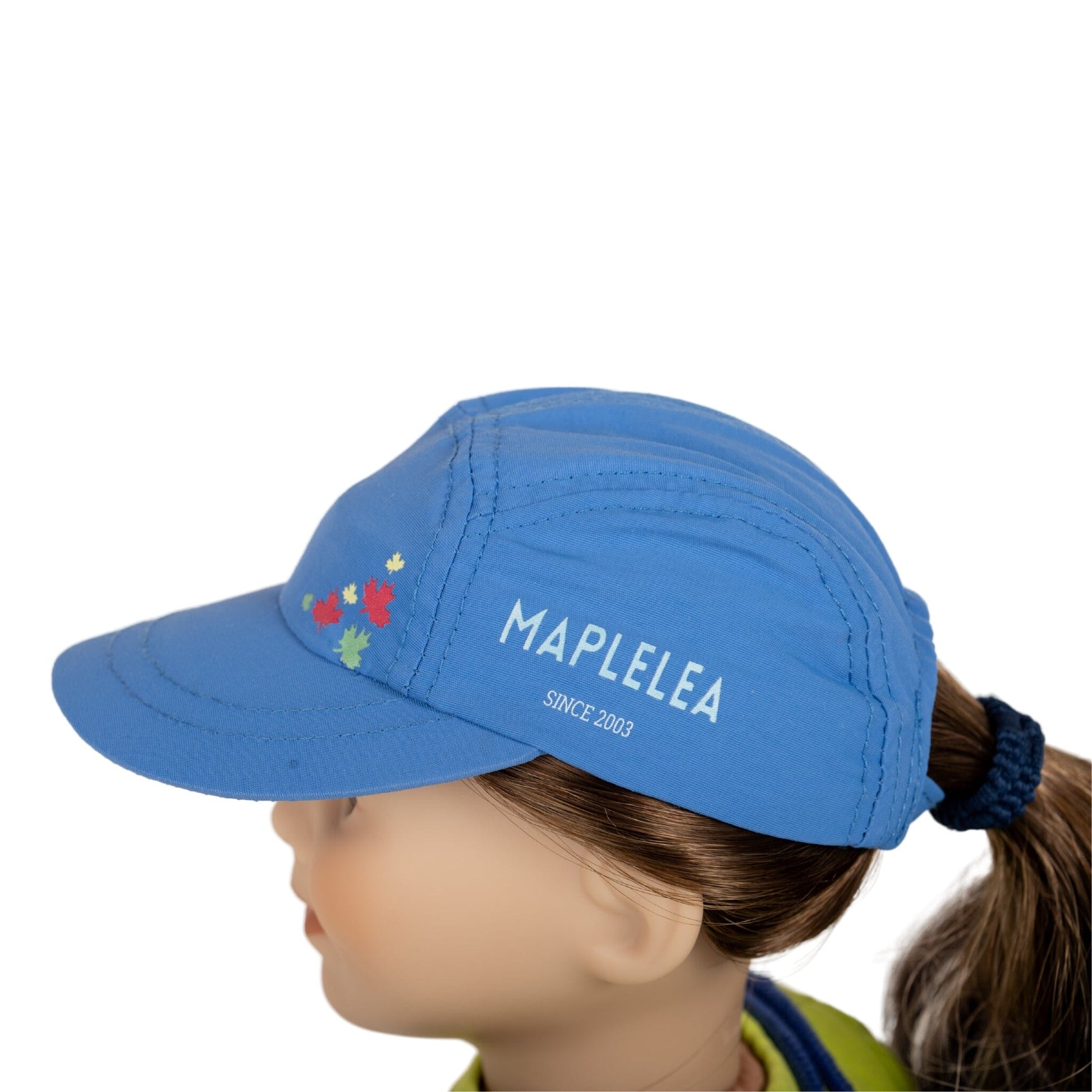 Blue baseball style hat for sun and sports on 18" dolls like Maplelea with graphic of leaves 