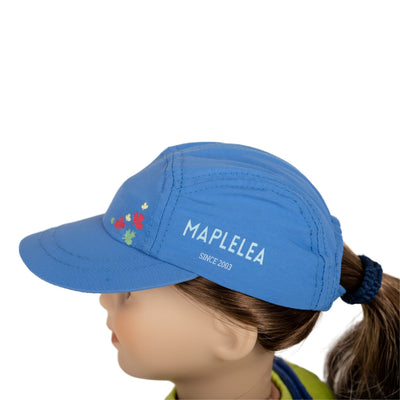 Blue baseball style hat for sun and sports on 18" dolls like Maplelea with graphic of leaves