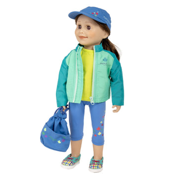 Maplelea doll wearing colourful outdoor outfit for 18" doll with many pieces includes drawstring bag