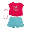 Maplelea camp outfit with pink elastic hairband graphic bright pink t-shirt and aqua shorts
