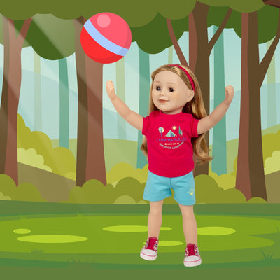 Maplelea doll playing ball wearing colourful t-shirt and short set with hairband and pink sneakers