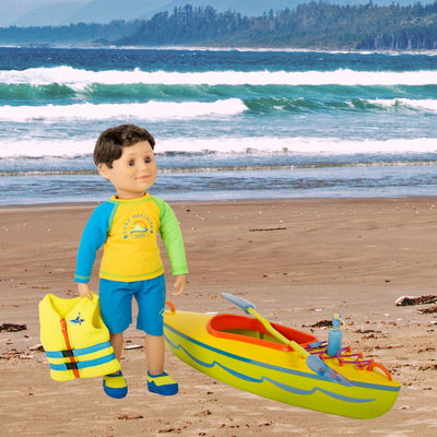 Maplelea swim wear and life jacket with kayak for 18 inch dolls shown on boy doll on beach