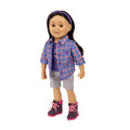 Purple graphic t-shirt plaid camp shirt grey shorts headband hiking outfit on Maplelea 18-inch doll