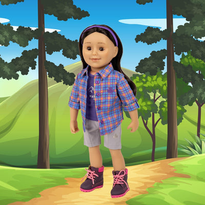 18" Maplelea doll wearing hiking outfit in purple and grey with purple and pink hiking boots