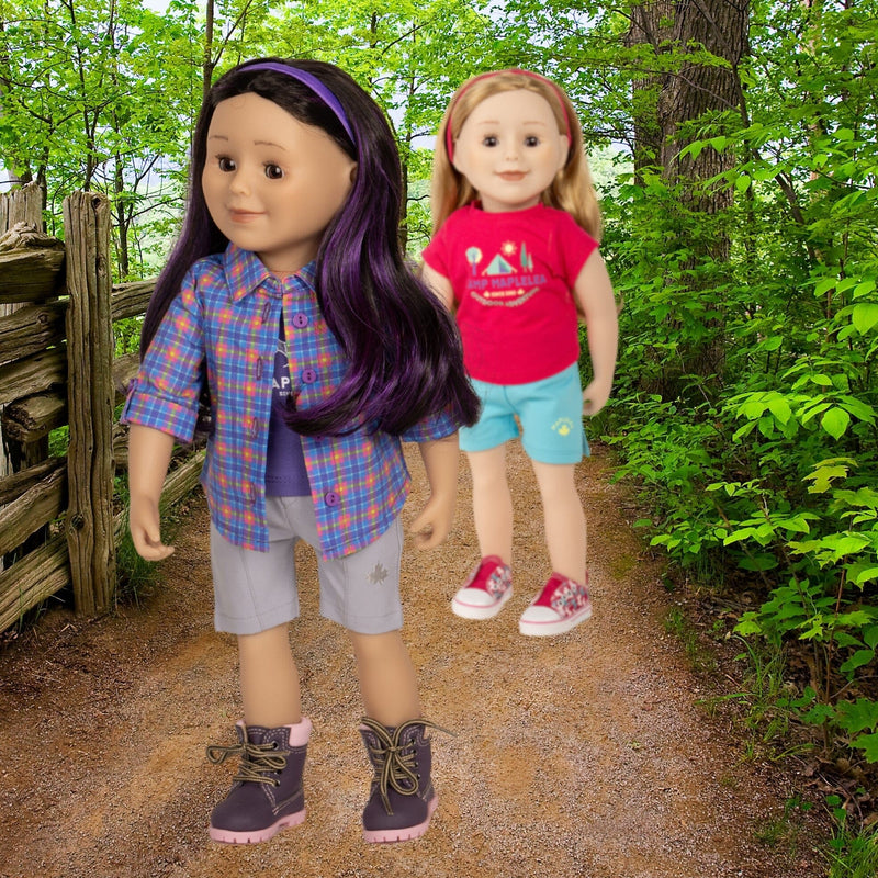 Purple graphic t-shirt plaid camp shirt grey shorts headband hiking outfit on Maplelea 18-inch doll