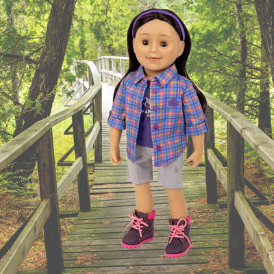 Plaid camp shirt and shorts with purple and pink hiking boots on 18" doll like Maplelea