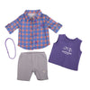 Hiking outfit for 18-inch dolls includes purple t-shirt plaid camp shirt grey shorts headband