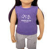 Maplelea doll with purple t-shirt and grey shorts part of hiking set that fits all 18" dolls