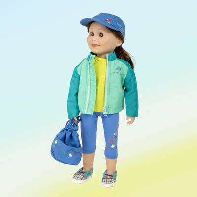 Maplelea 18" doll wearing outdoor camp outfit with windbreaker and colourful plaid boat style shoes