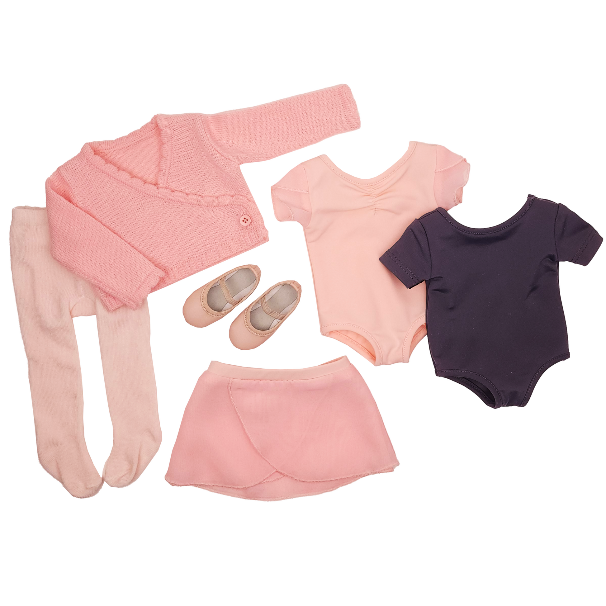 18-inch doll  pink ballet outfit with pink tights and black and black  bodysuit.