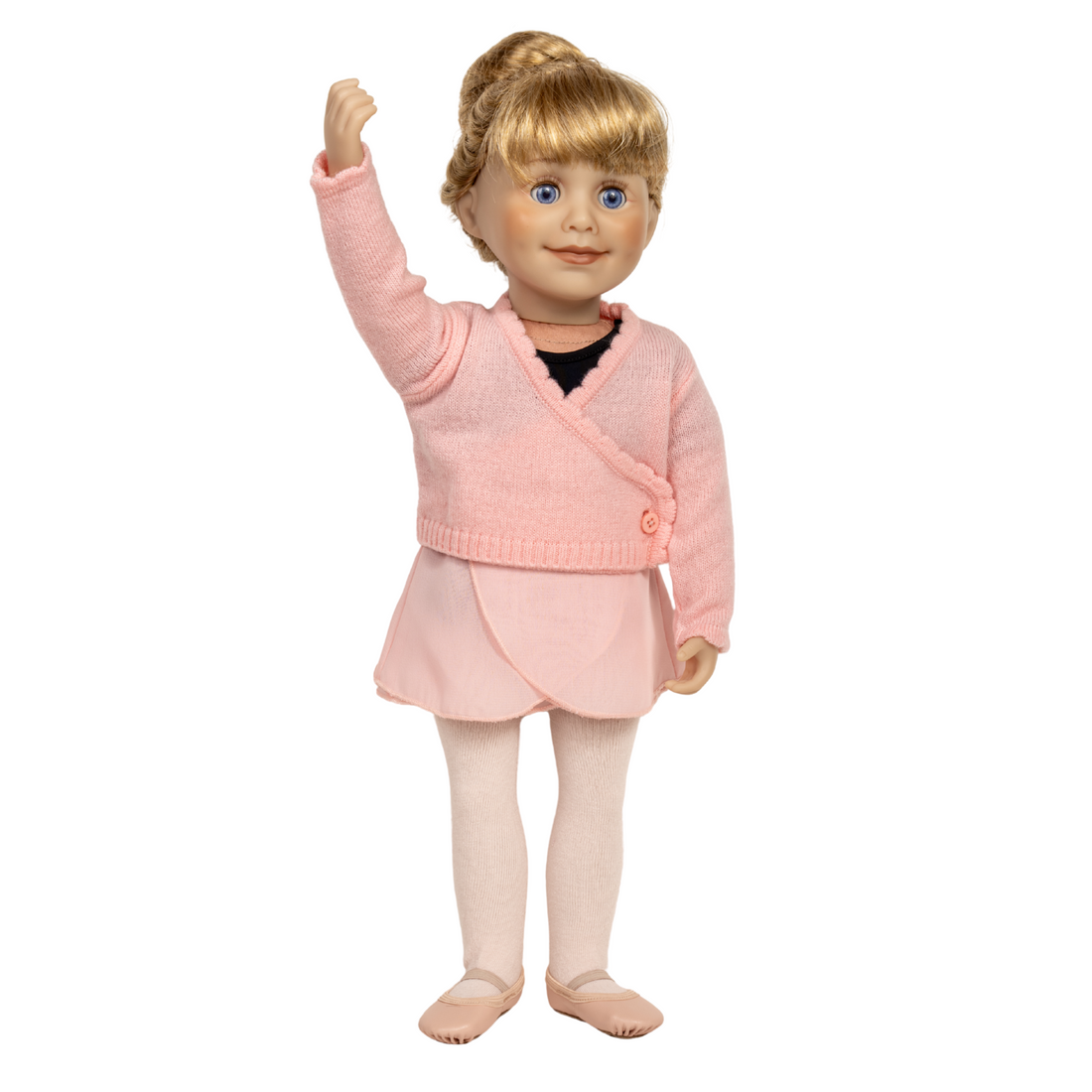 18-inch doll wearing a pink ballet outfit with pink tights and black bodysuit.