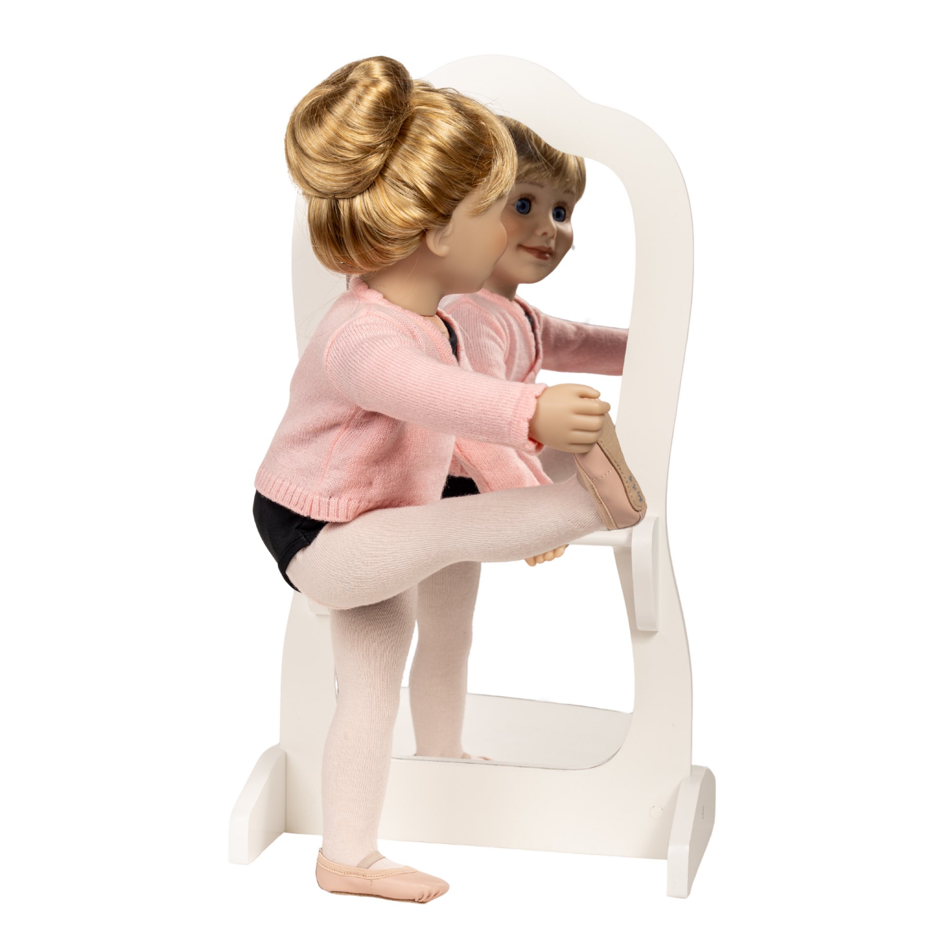18-inch doll wearing a pink ballet outfit with pink tights and black bodysuit with ballet mirror