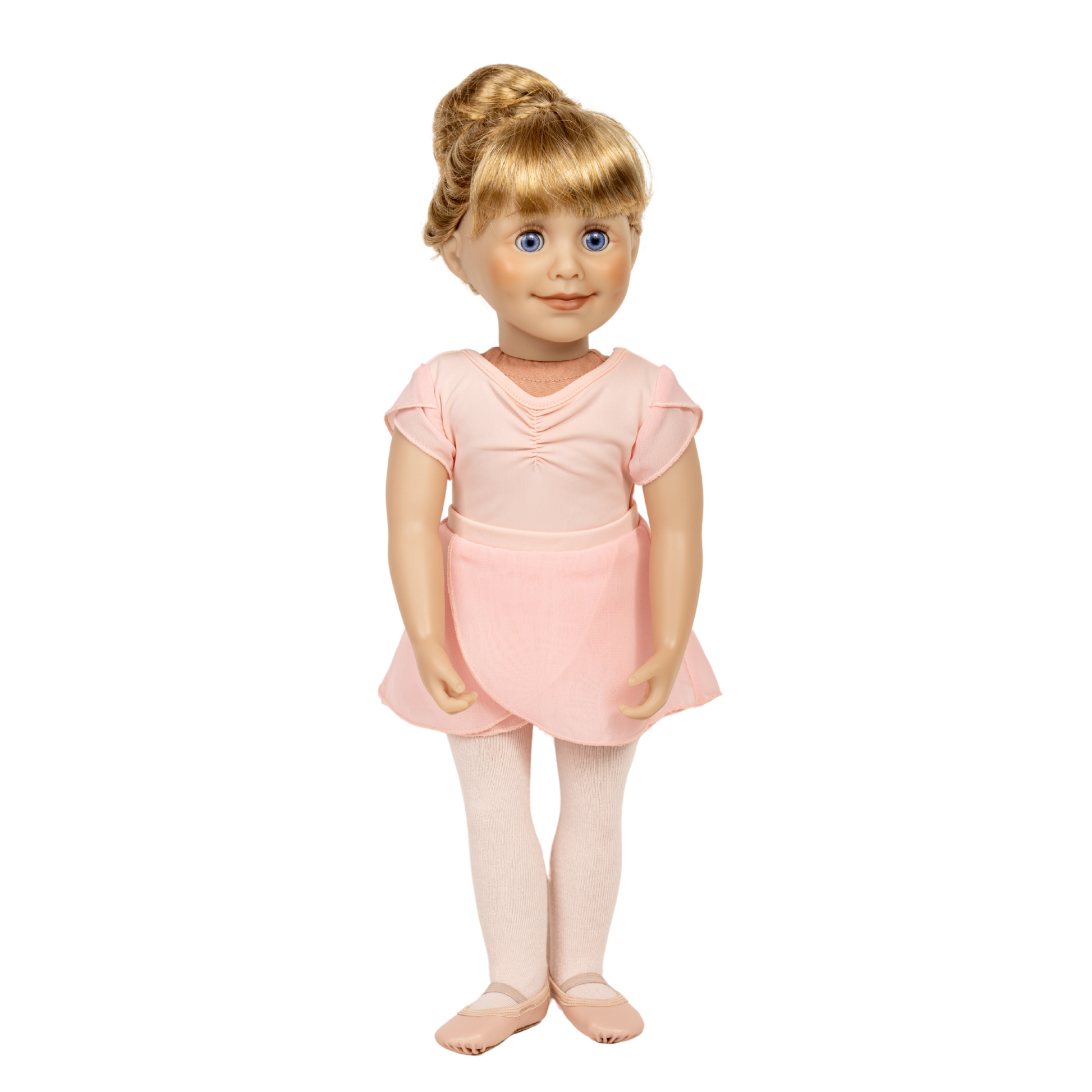 18-inch doll wearing a pink ballet outfit with pink tights and pink bodysuit.