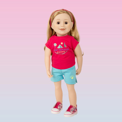 Maplelea doll wearing fun pink butterfly motif runners that fit all 18-inch dolls