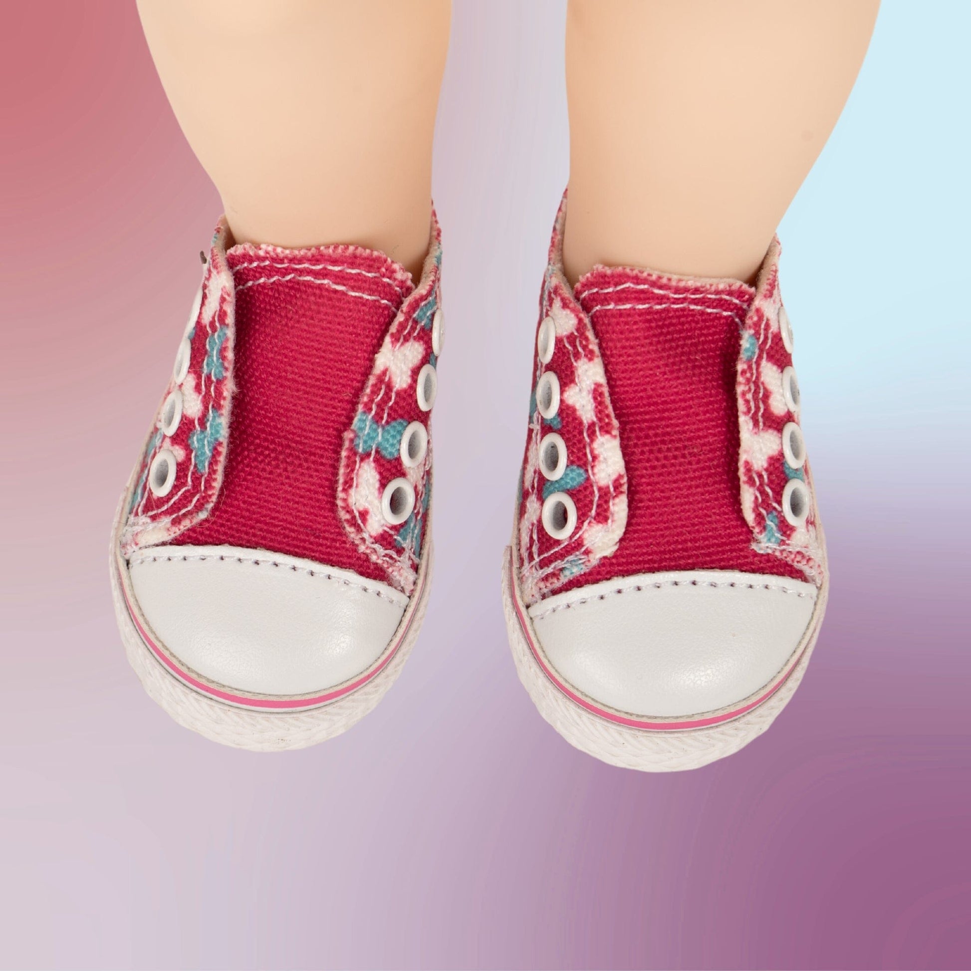 Cute and fun bright pink and turquoise butterfly themes no lace slip on runners on 18" doll feet